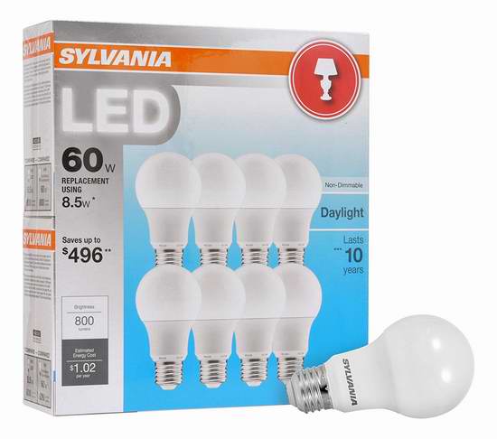  历史新低！Sylvania 73885 60瓦等效 LED节能灯8件套4.8折 12.99加元！两款可选！