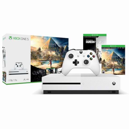  历史新低！Xbox One S 1TB 家庭娱乐游戏机+《刺客信条：起源》+《彩虹六号：围攻》 349.99加元包邮！