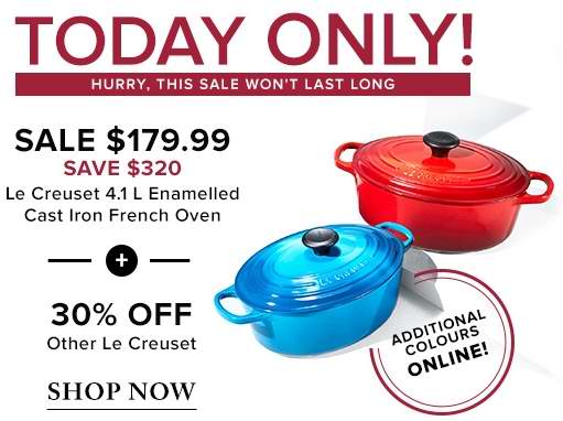  今日闪购：Le Creuset 4.1升 经典椭圆形 酷彩珐琅铸铁深烧锅3.6折 179.99加元包邮！6色可选！