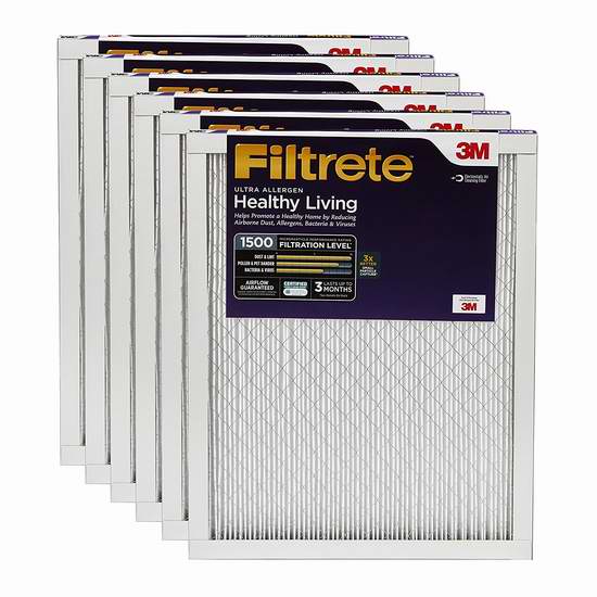  3M Filtrete MPR 1500 防过敏家庭空调暖气炉过滤网（20 x 25 x 1英寸，6个装）2.4折 36.57加元清仓！