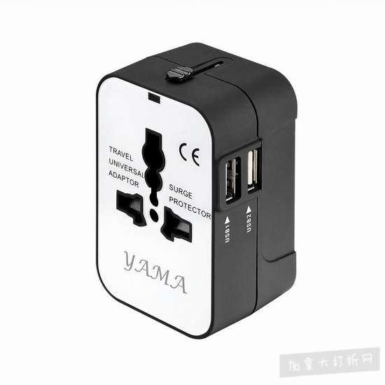  YAMA 全球通用电源插头转换器/2 USB充电器 7.99加元清仓！