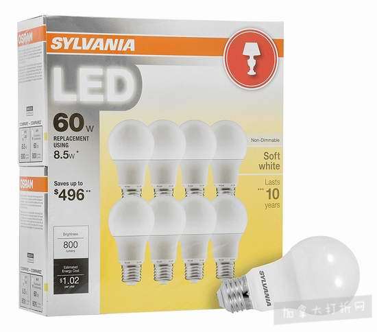 Sylvania Home Lighting 60瓦等效 软白色 LED节能灯8件套超值装 22.09加元！