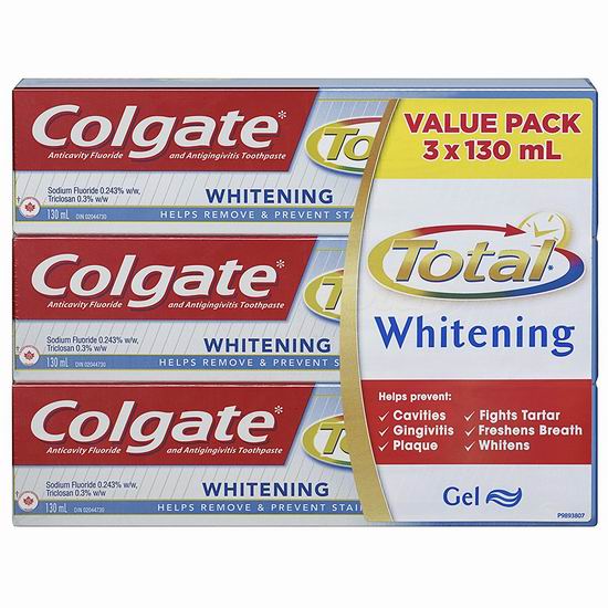  历史新低！Colgate 高露洁 Total 抗菌防蛀美白牙膏超值装（3 X 130ml）4.4折 3.5加元！