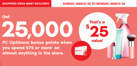  Shoppers Drug Mart 周日、周一持积分卡购物满75元送25000积分！