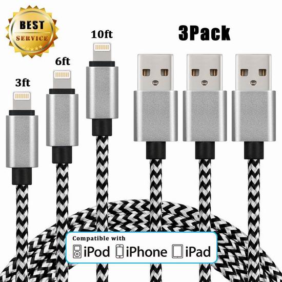  白菜价！历史新低！C-TOP 3/6/10英尺 Lightning to USB 苹果手机数据线3件套 4.98加元清仓！