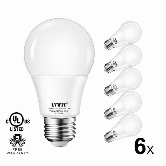  LVWIT 60瓦等效 LED节能灯6件套 11.99加元限量特卖！
