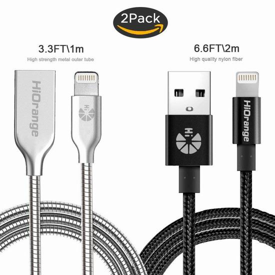  白菜价！HiOrange Lightning to USB 1米+2米 金属+尼龙 苹果手机数据线2件套1.7折 4.99加元清仓！2色可选！
