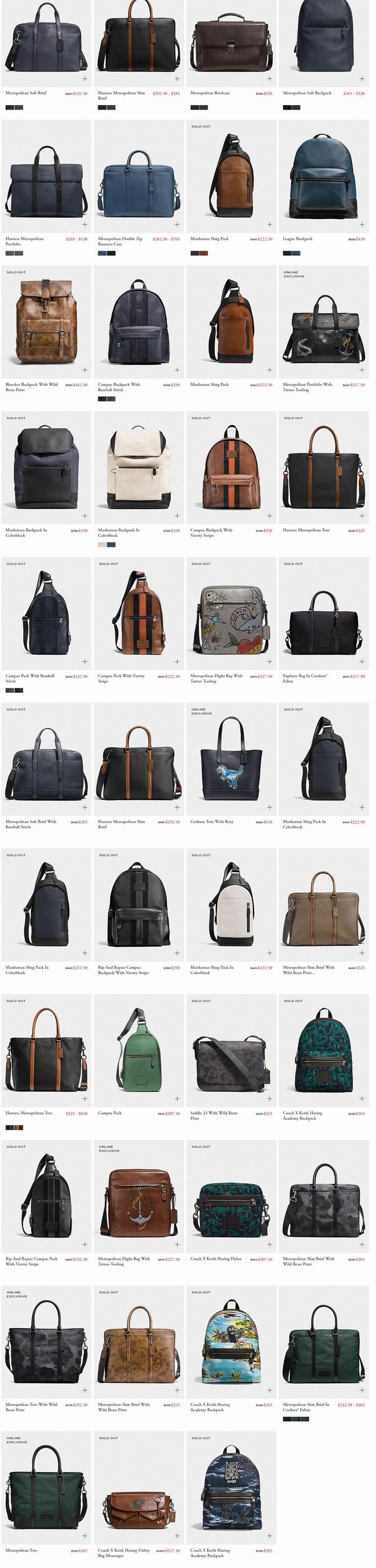 Coach男士公文包、双肩包、单肩包 5折起优惠！