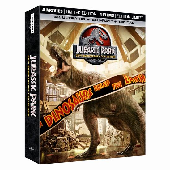  金盒头条：Jurassic Park《侏罗纪公园》1-4全集 4K超高清蓝光版46.99加元、（蓝光3D+蓝光） 25.99加元、DVD版19.99加元！