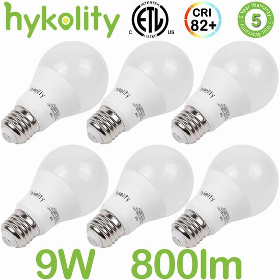  白菜价！历史新低！Hykolity A19 LED 60瓦等效 暖白色 LED节能灯6件套2.2折 9.99加元清仓！
