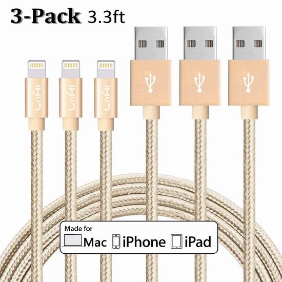  白菜价！历史新低！LoHi 1米 Lightning to USB 苹果手机数据线3件套1.9折 5加元清仓！2色可选！