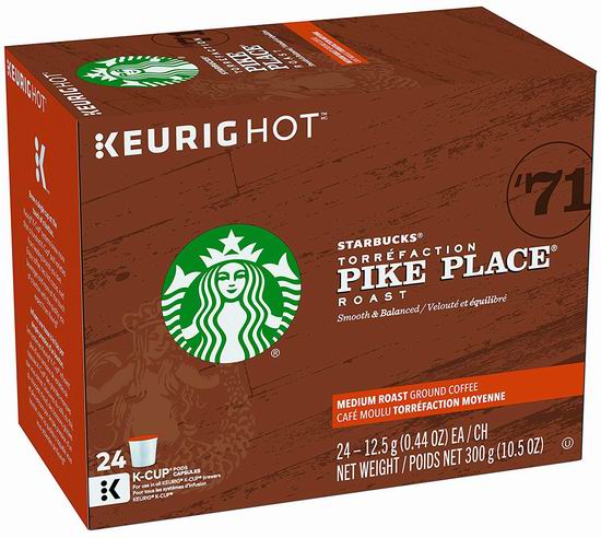  Starbucks 星巴克 Pike Place Roast K-Cup 咖啡胶囊24粒 18.04加元（原价 22.49加元）