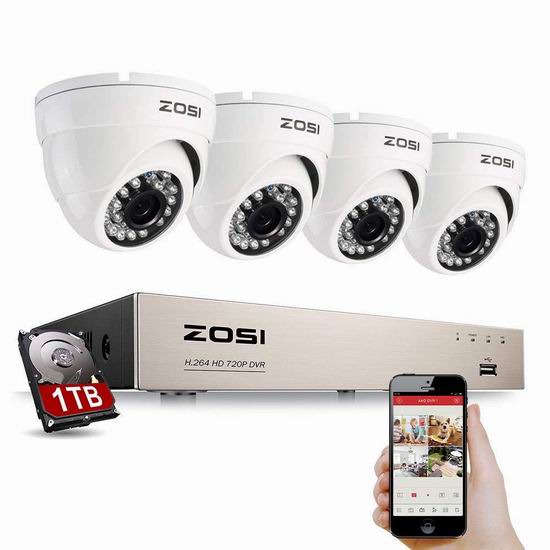  ZOSI 8CH HD-TVI 1080N 720P 4路高清监控系统 159.99加元限量特卖并包邮！送1TB硬盘！