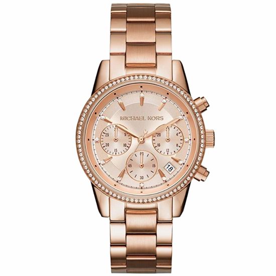  历史新低！Michael Kors MK6357 Ritz 三眼计时 女士玫瑰金水晶腕表4.8折 160加元包邮！
