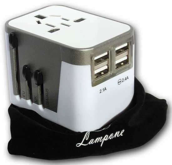  历史新低！Lampone 全球通用电源插头转换器/4 USB充电器5折 13.97加元！免税！2个包邮！