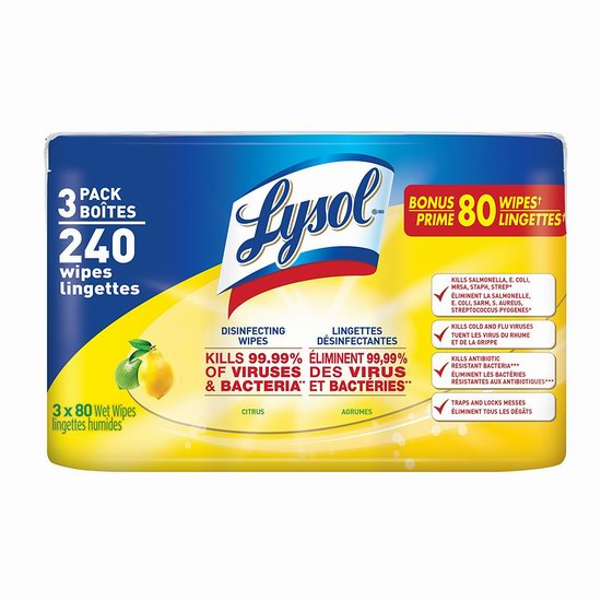  Lysol 来苏尔 柑橘味 消毒湿巾3筒超值装（240抽） 10.92加元！