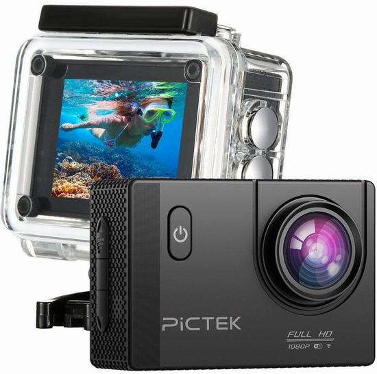  历史新低！PICTEK 1080P 12MP高清 超大广角无线WiFi运动摄像机+双锂电池+支座附件套装4折 39.99加元包邮！
