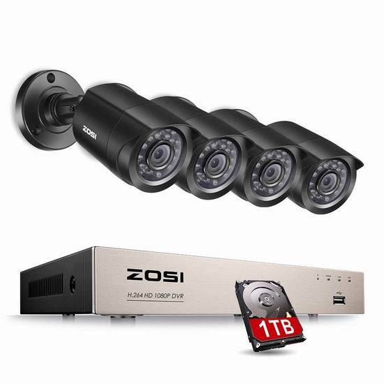  ZOSI HD-TVI 1080N 720p 4路高清监控系统 157.79加元限量特卖并包邮！送1TB硬盘！