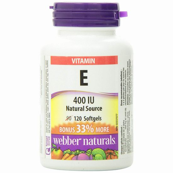  Webber Naturals 天然维生素E软胶囊（400 IU x 120粒） 10.24加元（原价 13.99加元）