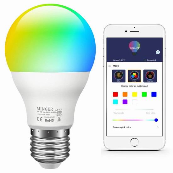  MINGER 60瓦等效 RGB变色 蓝牙无线 LED智能灯泡 16.99加元限量特卖（原价 19.99加元），支持手机遥控！