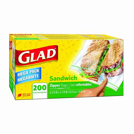  白菜速抢！历史新低！Glad 夹链式食物保鲜袋（200只超值装）0.7折 0.95加元包邮！