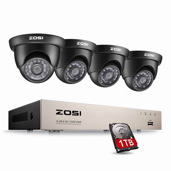  ZOSI HD-TVI 720p 4路高清监控系统 143.99加元限量特卖并包邮！送1TB硬盘！