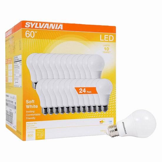  Sylvania A19 60瓦等效 软白色 LED节能灯24件套 36加元包邮！