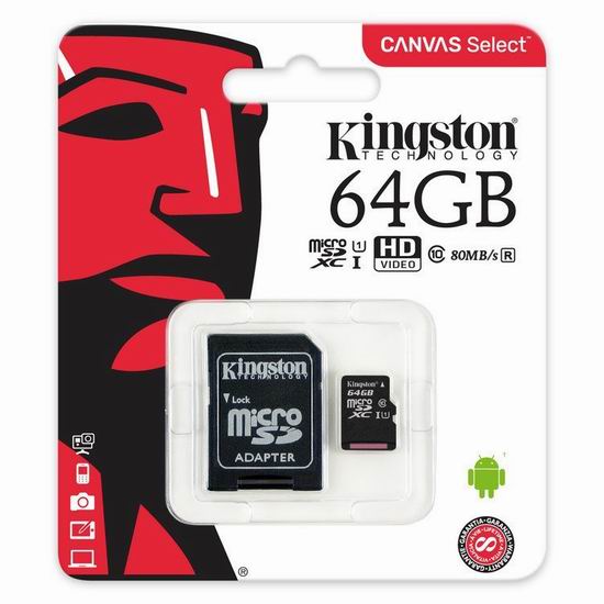  历史新低！Kingston 金士顿 microSDXC Class 10 UHS-I 64GB 闪存卡/储存卡3.9折 16.18加元！送TF转SD适配器！