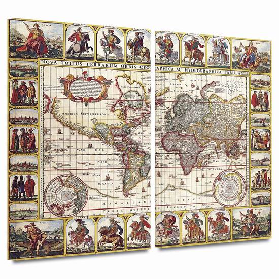  超级白菜！Art Wall N.I. Piscator Nova Totius Terrarum Orbis 24x36英寸 复古寰宇世界地图帆布装饰画0.8折 28.12加元清仓！