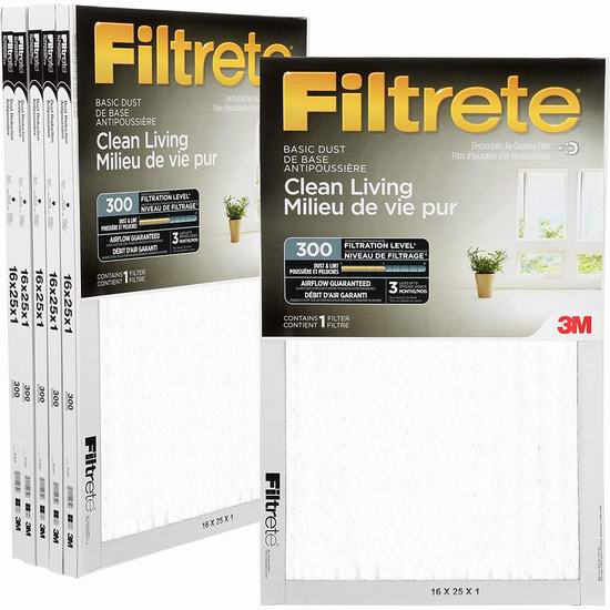 3M旗下 Filtrete 300 MPR 防过敏家庭空调暖气炉过滤网（6个装 16x25x1英寸）7.6折 46.99加元包邮！单个仅7.84加元！