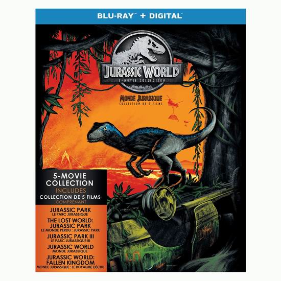  白菜价！历史新低！《Jurassic World 侏罗纪公园+侏罗纪世界》5合一全集 蓝光影碟+高清数字版1.2折 10加元清仓！