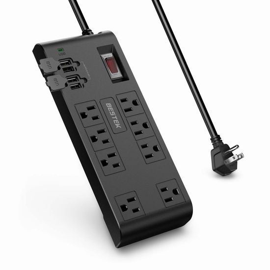  BESTEK 8 插座 + 4 USB智能充电 12英尺 电涌保护插线板 26.79加元限量特卖并包邮！