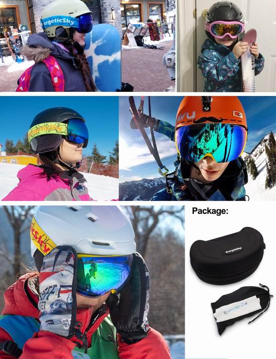 EnergeticSky 成人儿童 防紫外线 防雾 滑雪护目镜4.3折 22.99加元清仓！可同时佩戴近视眼镜！