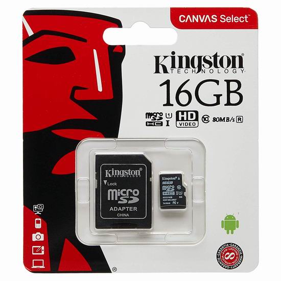 历史最低价！Kingston 金士顿 microSDHC Canvas Select 16GB 储存卡 3.99加元！