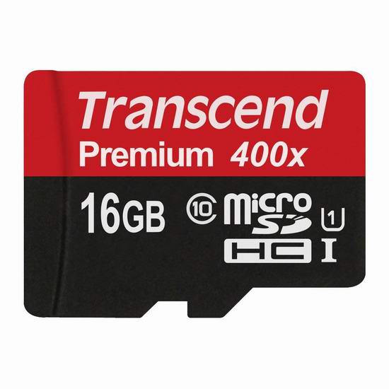  历史新低！Transcend 创见 Premium 极速 MicroSDHC Class 10 UHS-1 CF 400X 16GB储存卡 6.58加元！
