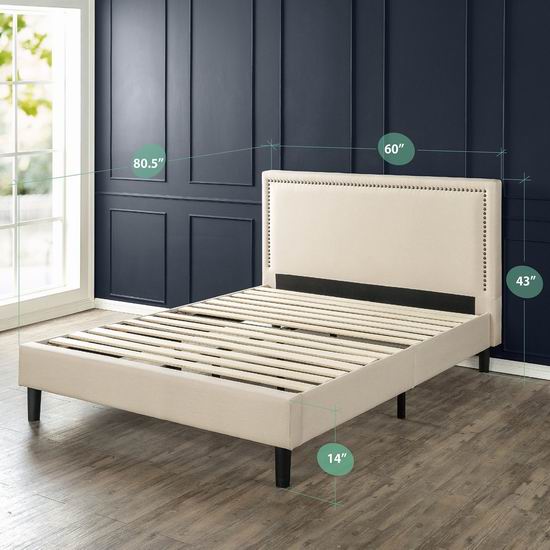  历史新低！Zinus Deluxe Upholstered Nailhead 豪华布艺软垫 Queen 床头板+床架4.2折 252.36加元包邮！