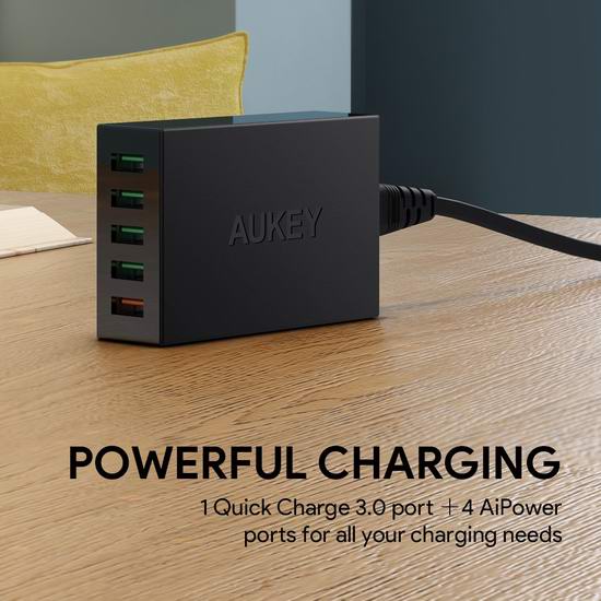 历史新低！AUKEY 55.5瓦 5口 智能快充3.0 USB充电器 20.99加元包邮！