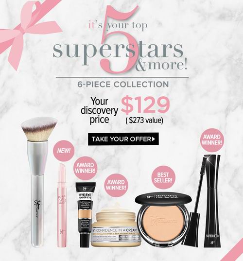  IT Cosmetics 眼下遮瑕+粉底刷+粉饼+保湿面霜+睫毛膏+美妆刷 6件套 129加元（价值273加元）+ 送眉笔中样