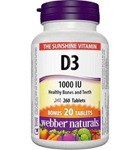  Webber Naturals 维生素D3 1000IU 软胶囊260粒 5.67加元（shoppers售价 10.49加元 ）