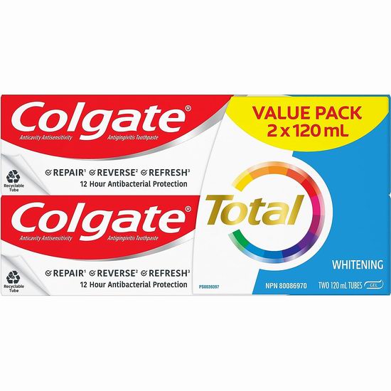  Colgate 高露洁全效抗菌防蛀美白牙膏（2×120毫升）7折 5.69加元！
