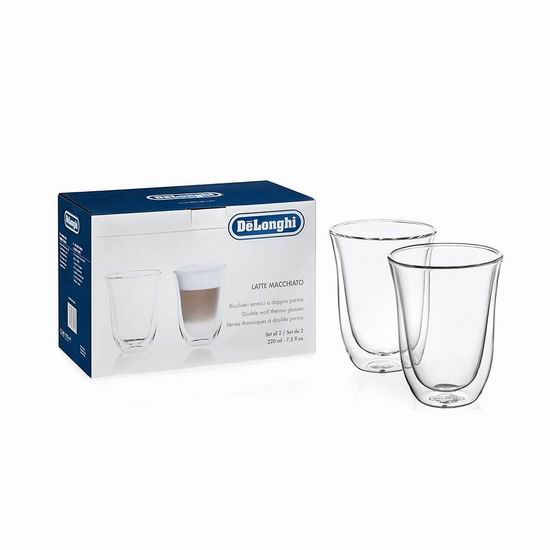  史低手慢无！Delonghi 德龙 7.5盎司 双壁绝热保温玻璃杯/咖啡杯/茶杯2件套4折 10加元！