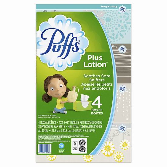  Puffs Plus Lotion 润肤护鼻 不伤皮肤 面巾纸（124张x4盒）6.2折 6.99加元！