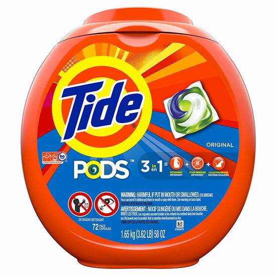  历史新低！Tide 汰渍 PODS 原味 三合一速溶果冻洗衣球（1.65公斤 72粒） 13.96加元！