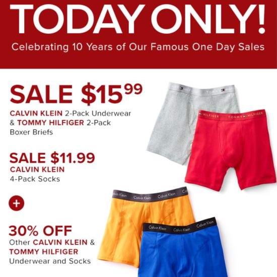  今日闪购：精选 Calvin Klein、Tommy Hilfiger 四角内裤2件套15.99加元，Calvin Klein袜子4件套11.99加元！目前需加入购物车自动降价！
