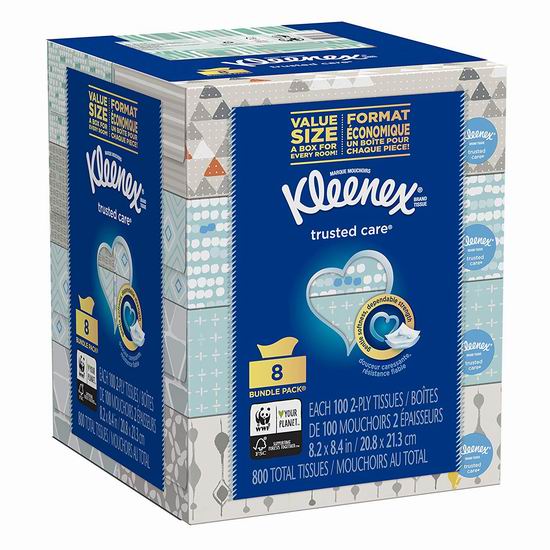  历史新低！Kleenex 舒洁 Trusted Care 超软面巾纸/抽纸（100抽x8盒、800张）4.72加元！