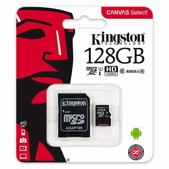  Kingston 金士顿 microSDHC Canvas Select 128GB 储存卡 22.26加元！