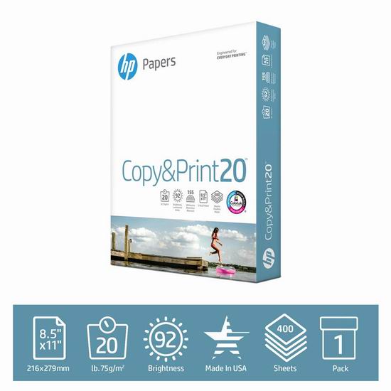  历史新低！HP 惠普 高质量打印复印多用途纸（400张）3折 3.04-3.61加元！