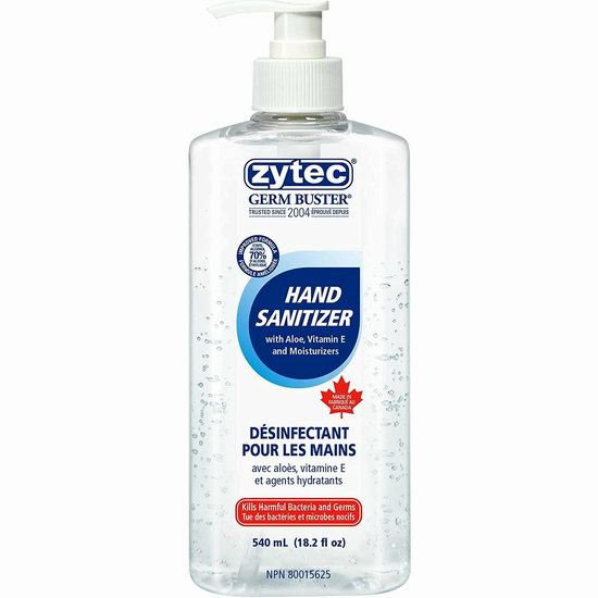  zytec Germ Buster 70%酒精灭菌 免洗 芦荟洗手液/透明凝胶（540ml）5.69加元！