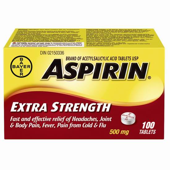  Bayer 德国拜耳 Aspirin 强效退烧镇痛 阿司匹林片（500mg x100片）7.79加元（原价 11.48加元）