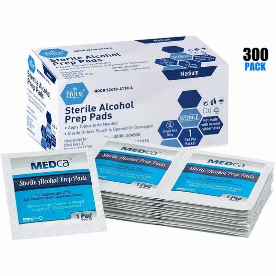  补货！MEDca 70%酒精 无菌消毒棉片（300片） 18.99加元包邮！